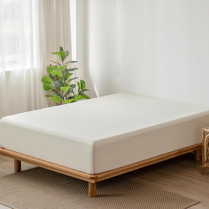 MooMee Fitted Bottom Sheet Only 100% Washed Cotton Linen Like Textured Breathable Durable Soft Comfy Deep Pocket Fits Mattress up to 17" (Cream White, California King)