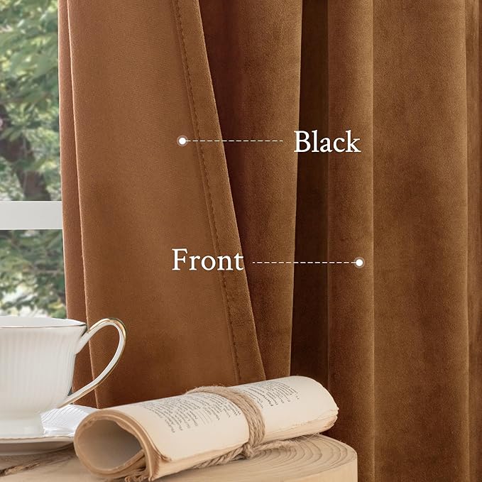 LAMIT Bronze Brown Velvet Curtains for Living Room 108 Inches Long, Mid Century Thermal Blackout Curtains Room Darkening Back Tab and Rod Pocket Panels for French Country, 2 Panels, 52 x 108 Inch