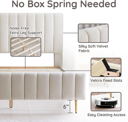 Livinia Queen Size Elton Velvet Platform Bed, Upholstered Bed Frame with Vertical Channel Tufted Headboard Footboard, Strong Wood Slats, No Box Spring Needed, Ivory (Queen)