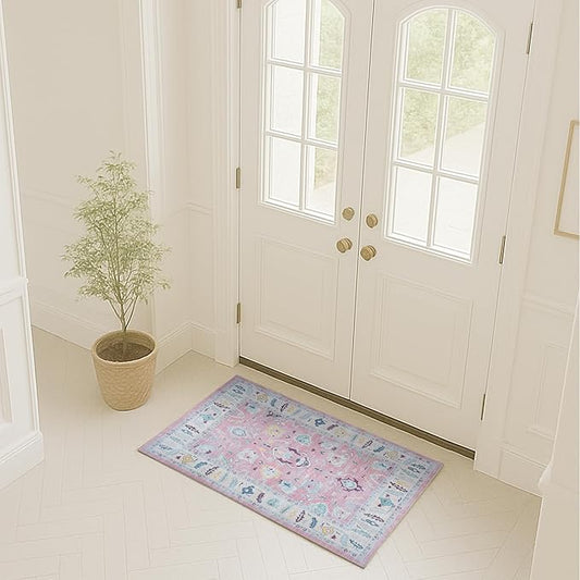 Fame Rugs Pink Modern Oushak Rug 2x3, Vintage Doormat Turkish Colorful Oriental Antique Inspired Washable Small Area Rug, Luxury Living Room Bedroom (385PB, 2' x 3')