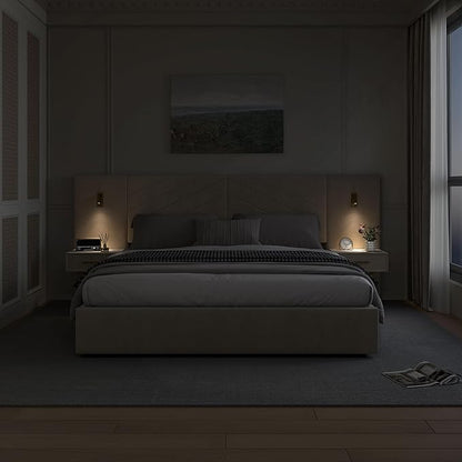 DEINPPA Luxury King Bed Frame with Built-in Gold LED Lights and Nightstands, King Size Platform Bed with Oversize Upholstered Headboard, No Box Spring Needed-Beige