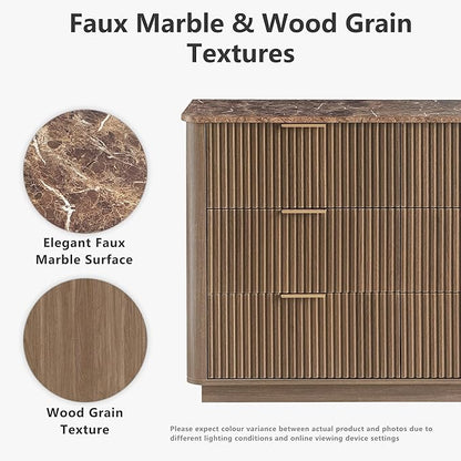 win2win 9 Drawer Dresser, Mid Century Modern Dresser with Storage, 55" Wide Fluted Chest of Drawers with Faux Marble Top, Dressers TV Stand, Drawers Organizer for Bedroom, Living Room, Hallway, Walnut