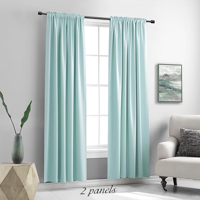 DONREN 90 Inches Long Room Darkening Curtain Draperies for Living Room - Blackout Solid Rod Pocket Curtains for Dining Room(2 Panels,Aqua)