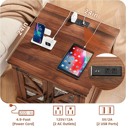 Farmhouse End Table Set 2, Narrow 18'' Night Stand with Glass Barn Door, 24" Square Side Table with Charger Station, Living Room Furniture Sets, Wood Nightstand Bedside Tables for Bedroom