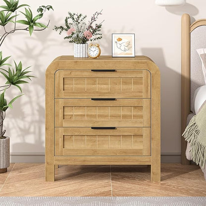 IKENO Wood Nightstand Set of 2 with 3 Storage Drawer, 21" Wide Night Stand with Curved Profile Design, Bedside End Table for Bedroom, Living Room, Closet (2, Natural Oak, 3 Drawer)