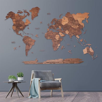 Handmade 3D Wood World Map Wall Art Large Wall Decor Track Your World Travels - Special for Home, Kitchen and Office (Medium, Oak)