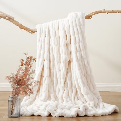 BATTILO HOME Cream Faux Fur Throw Blanket, Double Side Ruched Rabbit Fur Blanket for Couch, Bed, Super Soft Cozy Fuzzy Mink Blanket, 50"x60"(Ivory)