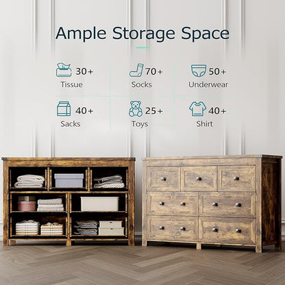 Dresser for Bedroom with 7 Drawers, Farmhouse Wood Chest of Drawers, Wide TV Stand Closet Storage Furniture with Metal Handle, Modern Clothes Organizer for Hallway, Living Room, Entryway, Brown