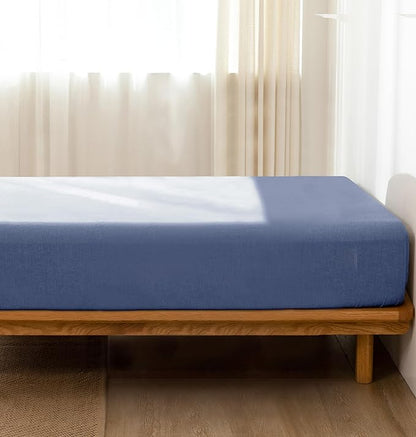 MooMee Fitted Bottom Sheet Only 100% Washed Cotton Linen Like Textured Breathable Durable Soft Comfy Deep Pocket Fits Mattress up to 17" (Blue, Queen) New
