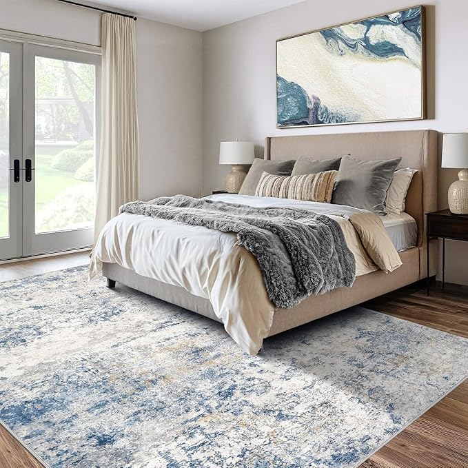 Area Rug Living Room Rugs - 8x10 Abstract Large Soft Indoor Washable Rug Neutral Modern Low Pile Carpet for Bedroom Dining Room Farmhouse Home Office - Blue