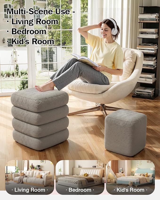 Square Set of 2 Sherpa Storage Ottoman Stool with Removeable lid,Load up to 440 lbs Footstool, Boucle Vanity Stool for Livingroom Bedroom Gray UASND69G
