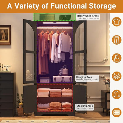 Tall Farmhouse 2 Doors Armoire Wardrobe Closet with LED ,72" Freestanding Arched Wardrobe Closet Cabinet for Bedroom w Glass Doors,Wooden Clothing Storage Cabinet,Closets for Bedroom(Black)