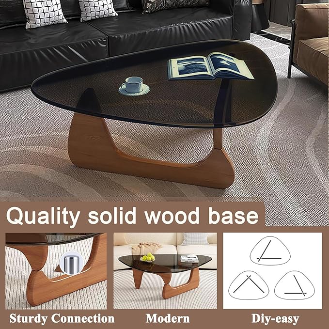 Glass Coffee Table, Mid Century Modern Coffee Table, Coffee Table for Living Room Center Table Suitable for Bedroom Living Room Reception Office Tables (Walnut/Grey, Large)