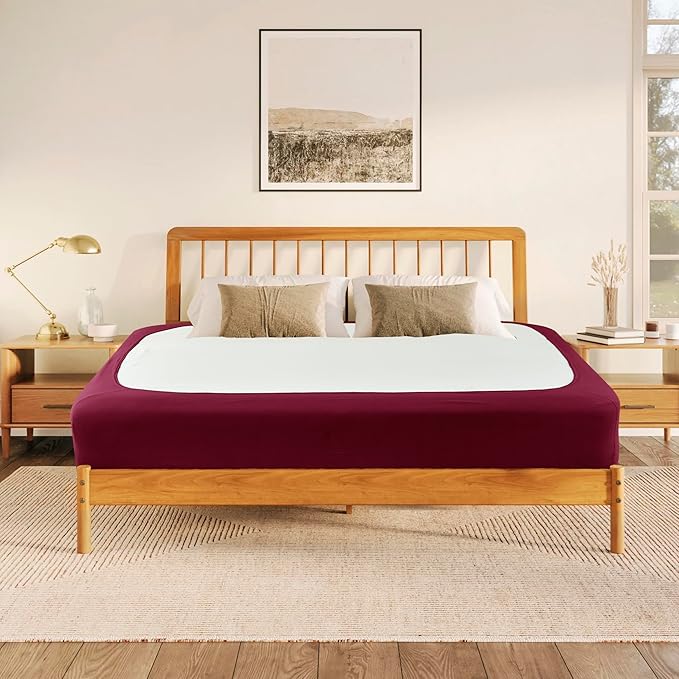 Biscaynebay Decorative Box Spring Cover Queen Size, Burgundy Luxurious Jersey Knitting Stretchy Wrap Around 4 Sides Bed Skirt for Home/Hotels, Easy Fit Wrinkle & Fade Free Machine Washable
