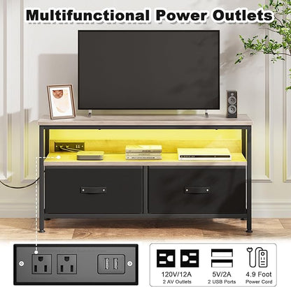 39" Dresser TV Stand for TVs up to 50", Media Console with LED Lights, Charging Station & 2 Drawer Storage Chest, Gaming Entertainment Center with Storage for Bedroom (Grey, 39 in)