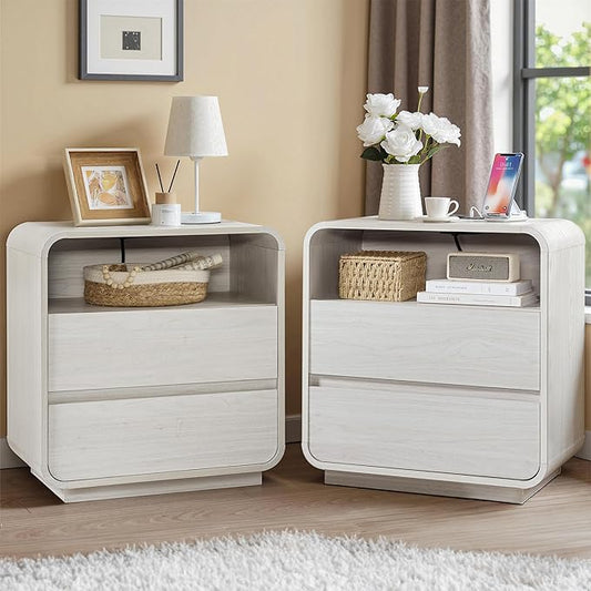 White Nightstand Set of 2 with Charging Station, 23.2" Wide Wood Bedside Table, Modern Night Stand with 2 Storage Drawers, Curved Profile, Handleless End Table for Bedroom Office Dorm