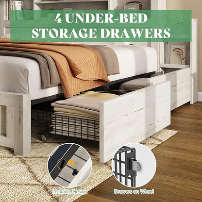 AMERLIFE Queen Bed Frame with 4 Storage Drawer, LED Bed Frame with 49.6" Tall Bookcase Headboard, Wood Platform Bed with Charging Station & 2 Slide Bedside Shelf, No Box Spring Needed/Distressed White