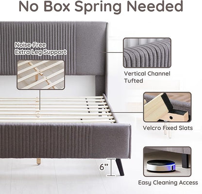 Livinia Sunset Full Size Wingback Platform Bed, Fabric Upholstered Full Bed Frame with Vertical Channel Tufted Headboard Footboard, Strong Wood Slats, No Box Spring Needed, Gray