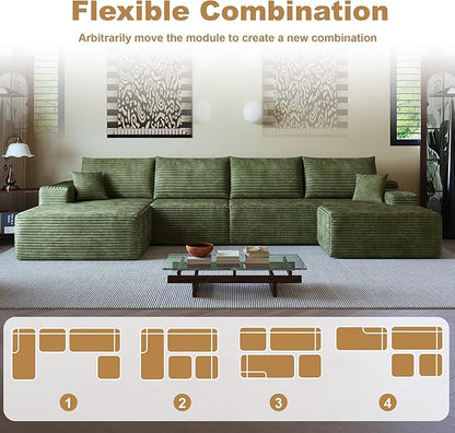 136" Sectional Couches for Living Room Modern Modular Sofa with L-Shape Couchs Upholstered Boneless Couch Deep Seat Sectional Couch with Chaise (Green, Left Facing Chaise+3Seaters+Ottoman)
