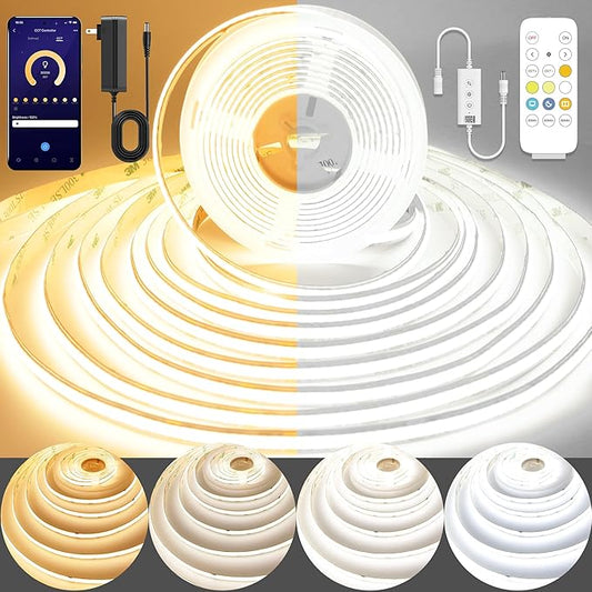 COB LED Strip Light,CCT Dimmable Strips Light,2700K-6500K,50ft/15m,8mm Wide,CRI90+ 24V LED Strips Kit with Bluetooth APP Control/Music Mode,for Bedroom,Kitchen,DIY Lighting