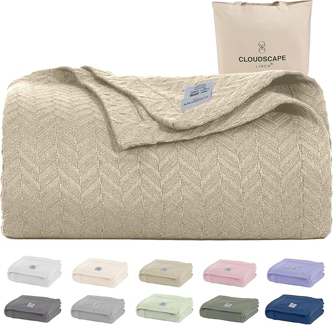 Cloud Scape Linen 100% Cotton Blanket Twin 68x92 Fog - Cozy Herringbone Weave, Fits Up to Twin XL Size Beds, Breathable Softness, All-Season Warmth, Winter Blanket, Bedding Gift Choice