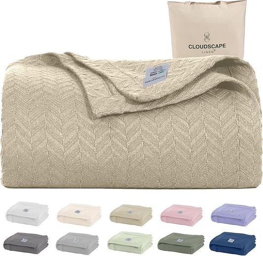 Cloud Scape Linen 100% Cotton Blanket King 92x108 Fog - Cozy Herringbone Weave, Fits Up to Cal King Beds, Breathable Softness, All-Season Warmth, Heavy Layering Winter Blanket