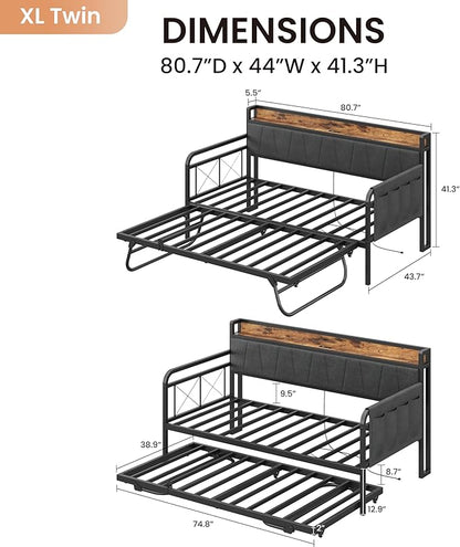 LIKIMIO Daybed with Trundle Bed, Twin XL Bed Frame with Storage Headboard and Charging Station, Sofa Day Bed with Strong Supports for Living Room, Bedroom, and Guest Room, Grey