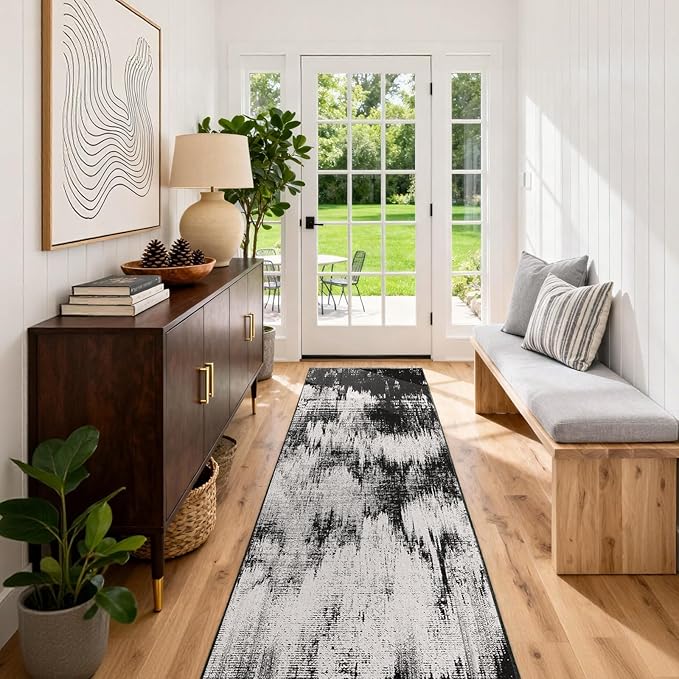Machine Washable Runner Rug 2x6: Non Slip Hallway Rug Low Pile Kitchen Runner Soft Abstract Rug with Rubber Backing for Entryway Bedroom Bathroom Farmhouse Laundry Living Room Black White 2x6