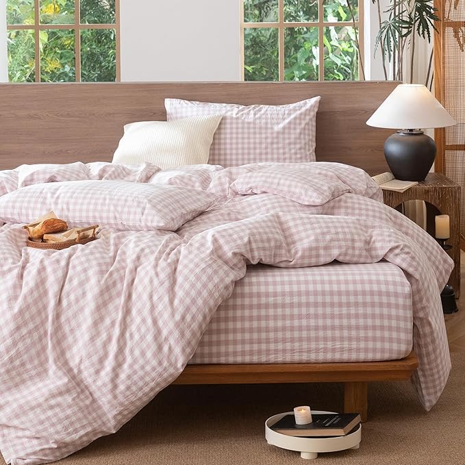 MooMee Gingham Duvet Cover Set 100% Washed Cotton Linen Like Textured Breathable Durable Soft Comfy Modern Checkered Design (Classic Gingham Greyish Pink, Queen 90"x90")