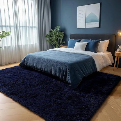 PAGISOFE Navy Blue Rug 4x6, Fluffy Dark Blue Rugs for Bedroom, Modern Indoor Carpets for Living Room, Non-Slip Carpet for Kids Boys Girls Teen Dorm Nursery Room Decor, Super Soft Bedside Rugs Blue