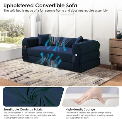 80" Convertible Sofa Bed, Corduroy Deep Seat Folding Pull Out Couch with Pillows, No Assembly Modern Boneless Couch Compression Sofa in Box, Floor Sofa with Storage Pocket for Living Room,Navy Blue