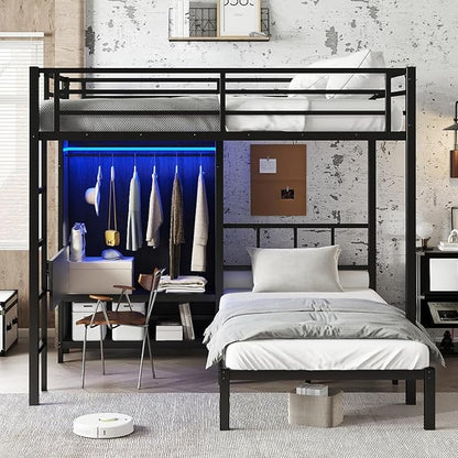 Full XL Over Twin Metal Bunk Bed with Folding Desk, Closet LED,Space-Saving/Noise Reduced, Black Modern Style Multi-Functional Storage Needs Space-Saving Noise Reduced