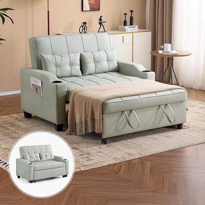 VINGLI Green Futon Sofa Bed Convertible Loveseat Sleeper Couch, Faux Leather Pullout Sofa Fold Out Couch Bed with USB Ports, Cup Holders, Armrest for Living Room, Bedroom Apartment Room