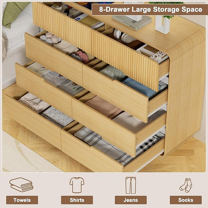 8 Drawer Dresser and 2 Nightstand Sets for Bedroom 3 Pcs Bedroom Set, Modern 39.4" Fluted Dresser with Invisible Handles Nightstand Charging Station, Bedroom Furniture Set for Living Room, Natural
