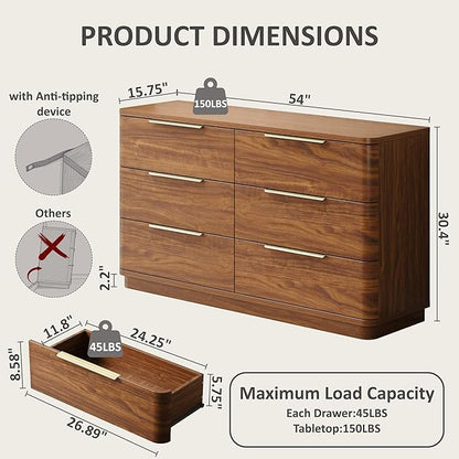 6 Drawer Dresser for Bedroom, 54" Wide Modern Chest of Drawers with Metal Handle, Curved Profile Design, Wooden Walnut Dresser Closet Clothes Storage TV Stand for Living Room, Hallway