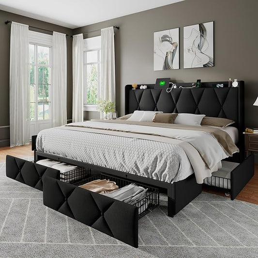 Feonase King Size Bed Frame with 4 Storage Drawers, Upholstered Platform Bed with Charging Station, Wingback Storage Headboard, Wooden Slats Support, No Box Spring Needed, Easy-Assembly, Black