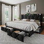 Feonase King Size Bed Frame with 4 Storage Drawers, Upholstered Platform Bed with Charging Station, Wingback Storage Headboard, Wooden Slats Support, No Box Spring Needed, Easy-Assembly, Black
