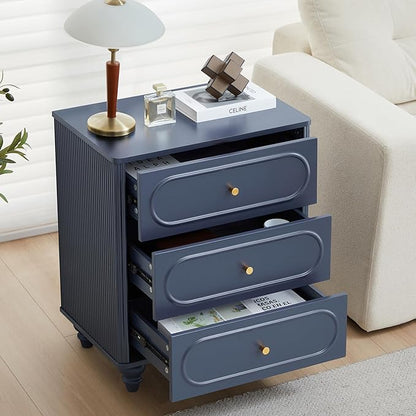 3 Drawer Fluted Dresser for Bedroom, Mid Century Modern Chest of Drawers, Wood Storage Small Dresser Organizer for Bedroom Living Room Hallway Closet, Blue