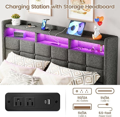 Lift Up Queen Bed Frame with Storage, Upholstered Bed Frame Queen Size with LED Lights Headboard and Charging Station, No Box Spring Needed, Easy Assembly - Dark Grey