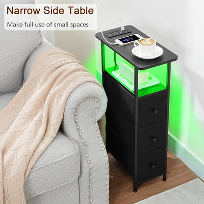 LOAKEKEL Narrow End Table Living Room with Charging Station, Skinny Side Table with Fabric Drawers, Slim LED Nightstand for Bedroom, Small Spaces, Couch, Black, HETNDP03LBK-1