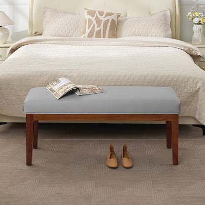 43.5'' Faux Leather Bedroom Bench, Upholstered End of Bed Bench, Padded Vintage Dining Bench, Entryway Bench with Solid Wood Legs, Kitchen, Living Room, Hallway, Grey