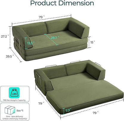 LINSY HOME 79'' Convertible Sofa Bed - Boneless Compression Sofa Folding Loveseat Sleeper - Foldable Corduroy Couch Bed for Living Room Bedroom - Modular Sectional Compressed Sofa in Box, Green
