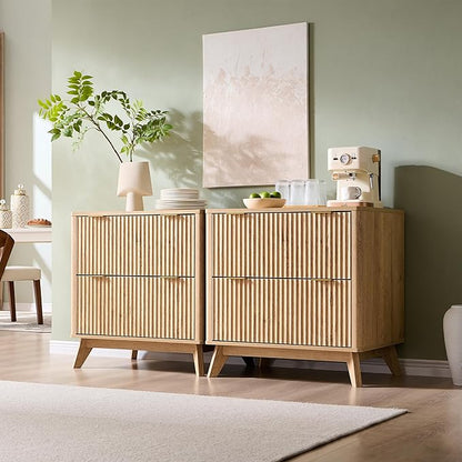 T4TREAM Modern Fluted Sideboard Buffet Cabinet with Drawers Storage, 30" Modular Accent Cabinet for Credenza, Entryway & Hallway, Natural Oak