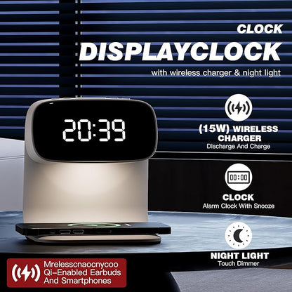 Digital Alarm Clock with Wireless Fast Charging Station 15W Touch Smart Lamp for Bedside,3 Colors Nightlight Adjustment Night Lamp for Living Room,Bedside,Heavy Sleepers (White+Cable&Adapter)