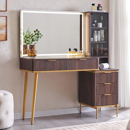 T4TREAM Fluted Makeup Vanity Desk with 36" HD Lighted Mirror, 48" Big Modern Vanity Desk with Mirror and Lights, Dressing Table with 5 Drawers & Shelves, Glass Top for Bedroom, Dark Walnut
