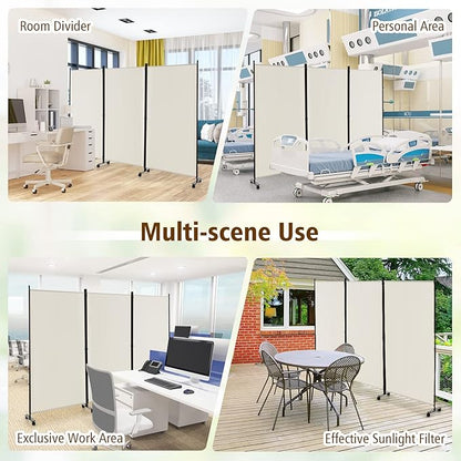 GOFLAME 3 Panel Folding Room Divider, 6FT Rolling Privacy Screen with Lockable Wheels, Portable Room Partition Screen, Freestanding Wall Divider and Separator for Home Office, White