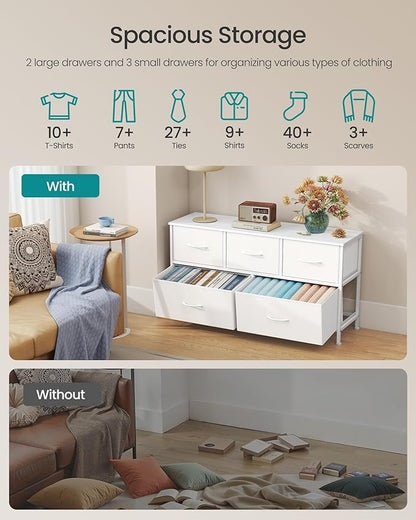 SONGMICS Dresser for Bedroom, Chest of Drawers, Steel, MDF, 5 Non-Woven Fabric Drawers, Storage Organizer Unit, Closet, Entryway, Cloud White and Snow White ULGS322W01S