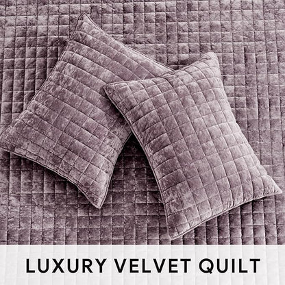 RECYCO Luxury Velvet Quilt Set King Size Bedding Sets, Ultra Soft Velvet Comforter Set, Lightweight Grid Box Stitch Oversized Bedspread Coverlet for All Season, with 2 Shams, Purple