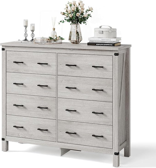 LINSY HOME Farmhouse 8 Drawer Double Dresser for Bedroom, 50” Wide Rustic Wood Chest with Deep Drawers, Modern Dressers with Storage and Metal Handles for Closet, Living Room, Hallway, Wash Grey