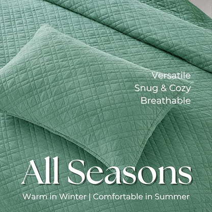 Queen Quilt Set with Shams Lightweight Quilted Bedspread Coverlet Thin Comforter Bed Cover Vintage Washed Quilted Blanket for All Season, Brushed Microfiber Diamond Stitching, Green, 88"x92"